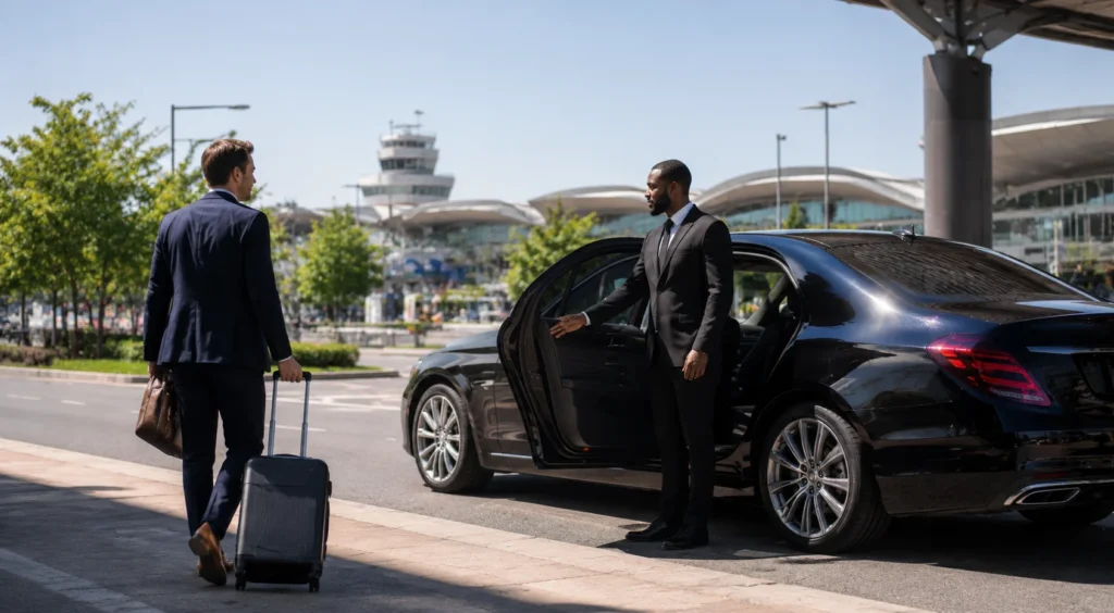 Black luxury sedan traveling from Annapolis to BWI Airport