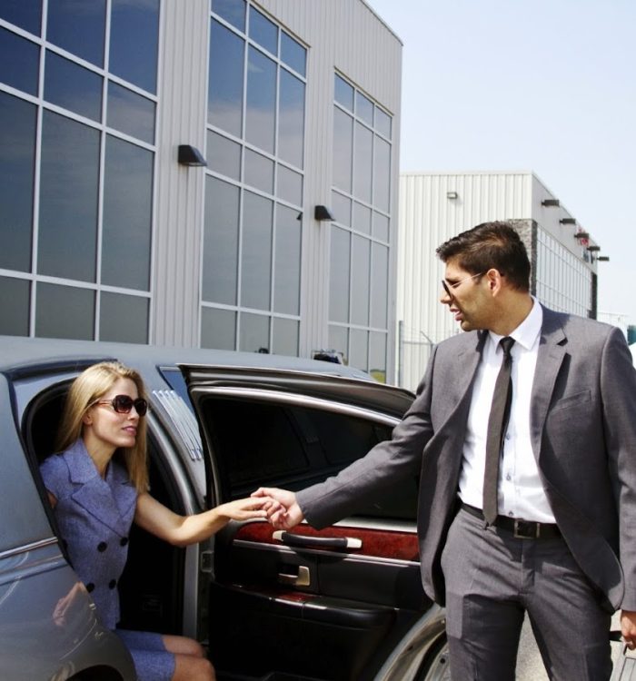 Lady arrives in limo for travel in private jet